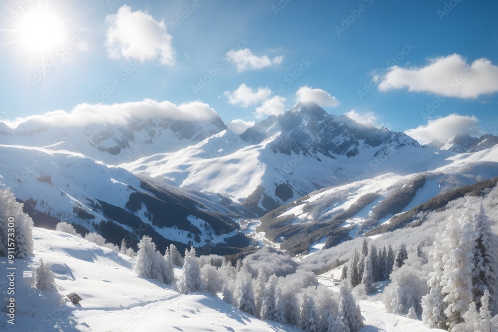 Obraz premium View of a snowy mountain landscape in the sunlight, Damuls Vorarlberg Austria 