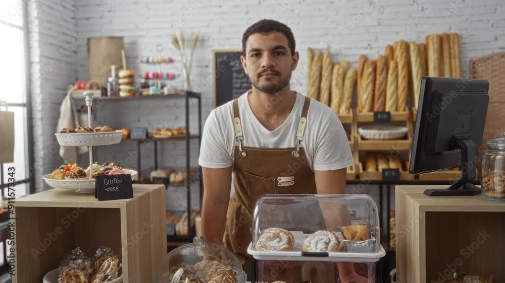 Young man in a bakery shop smiling at the camera wearing a white shirt and brown apron, with shelves full of bread and a display of pastries in front of him. Young man in a bakery shop smiling at the camera wearing a white shirt and brown apron, with shelves full of bread and a display of pastries in front of him.
