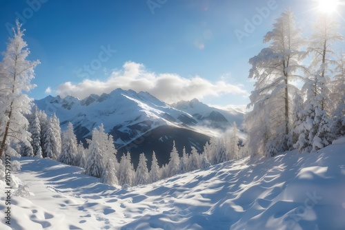 View of a snowy mountain landscape in the sunlight, Damuls Vorarlberg Austria 