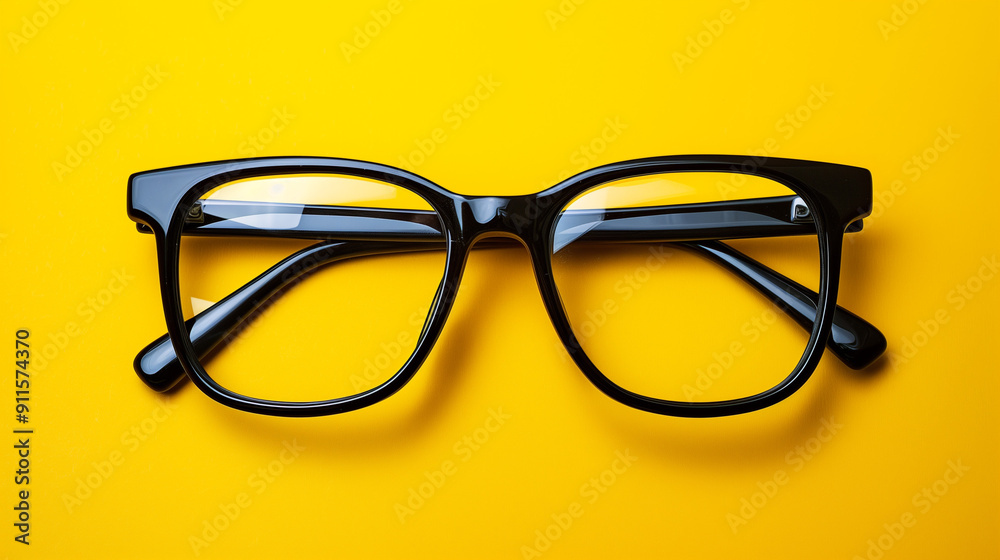 Prescription glasses in black frame on yellow background. Prescription glasses in black frame on yellow background.