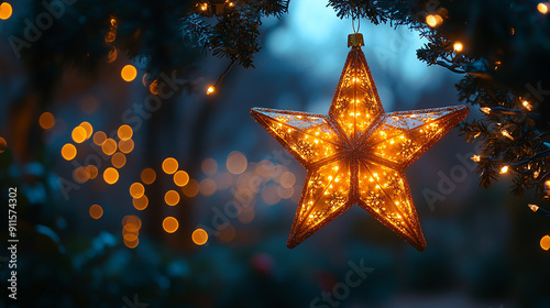 wide christmas decor banner background with gold color glowing star lanterns lighten on the floor