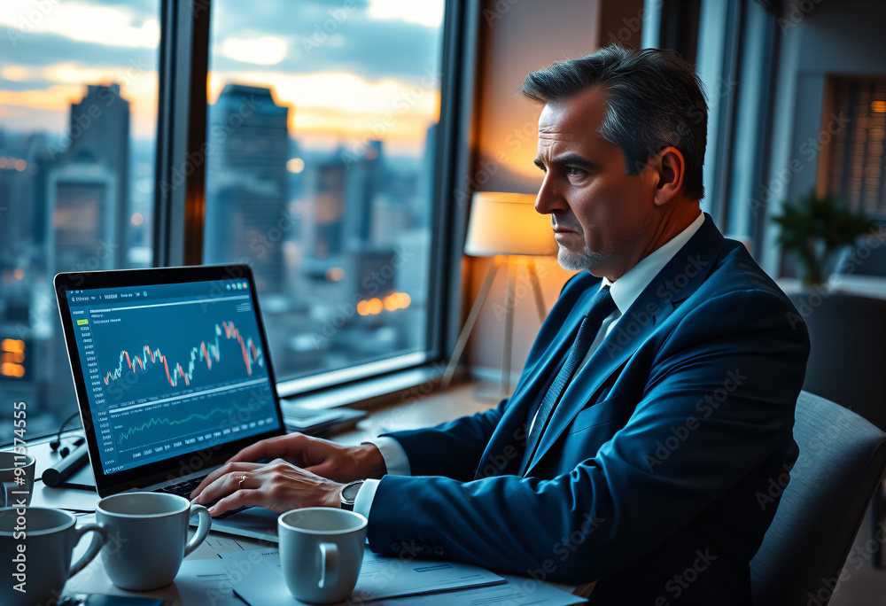 Fototapeta premium Mature businessman studying laptop in modern office at dusk