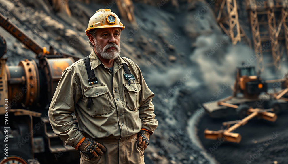 Middle aged mining engineer inspecting open pit coal mine Middle aged mining engineer inspecting open pit coal mine