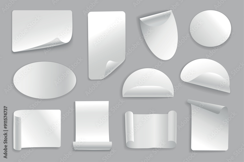 White paper stickers set elements in flat graphic design. Bundle objects of rectangular, oval, round shapes of adhesive tags with curled corners, blank labels with curve edges. Vector illustration. White paper stickers set elements in flat graphic design. Bundle objects of rectangular, oval, round shapes of adhesive tags with curled corners, blank labels with curve edges. Vector illustration.