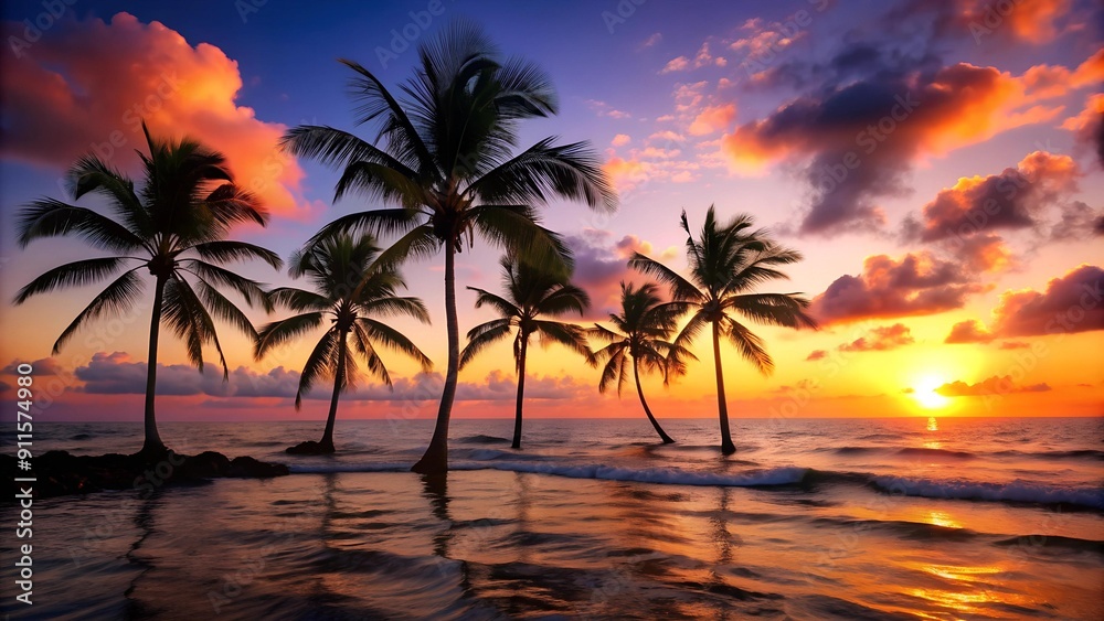 A Tranquil Tropical Beach Scene with Silhouettes of Palm Trees Against a Vibrant Sunset Generative AI A Tranquil Tropical Beach Scene with Silhouettes of Palm Trees Against a Vibrant Sunset Generative AI