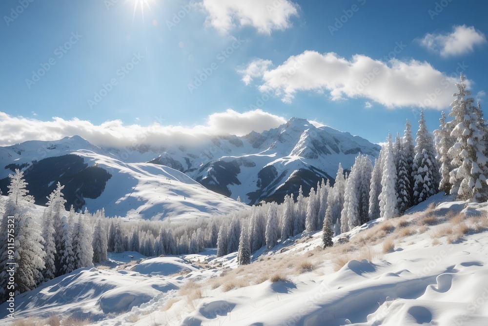 View of a snowy mountain landscape in the sunlight, Damuls Vorarlberg Austria
View of a snowy mountain landscape in the sunlight, Damuls Vorarlberg Austria