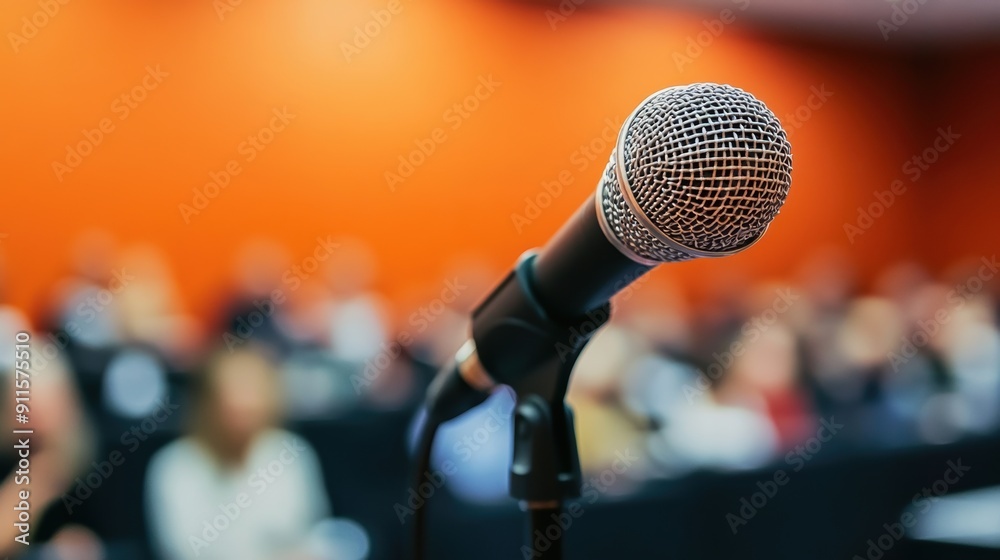 Professional microphone on podium with audience background at conference Professional microphone on podium with audience background at conference