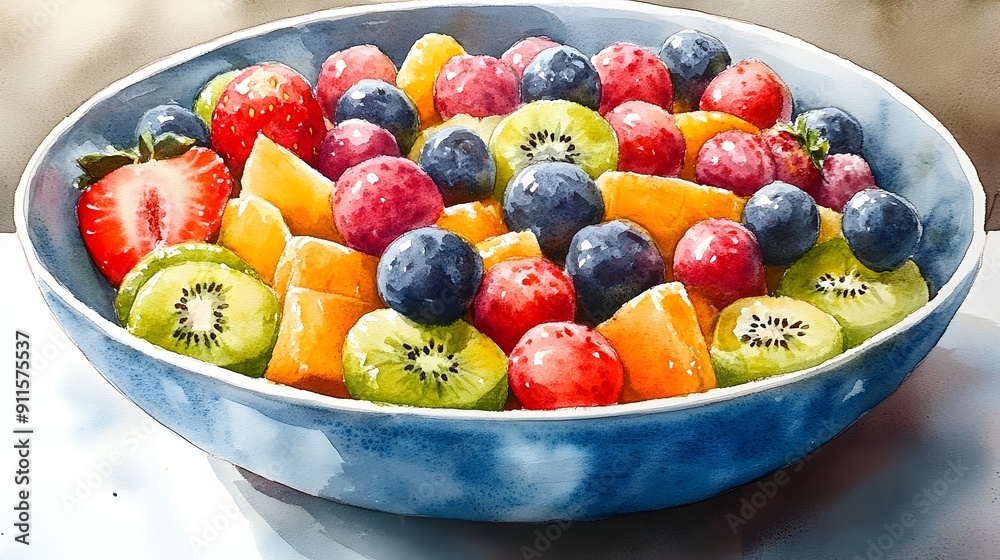 Vibrant Fruit Salad in a Blue Bowl,Healthy Breakfast or Snack Concept Vibrant Fruit Salad in a Blue Bowl,Healthy Breakfast or Snack Concept