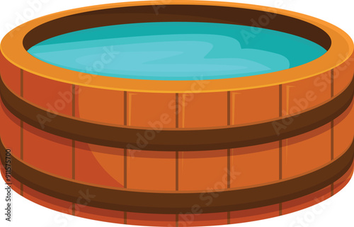 Large wooden tub is filled with water and ready for use