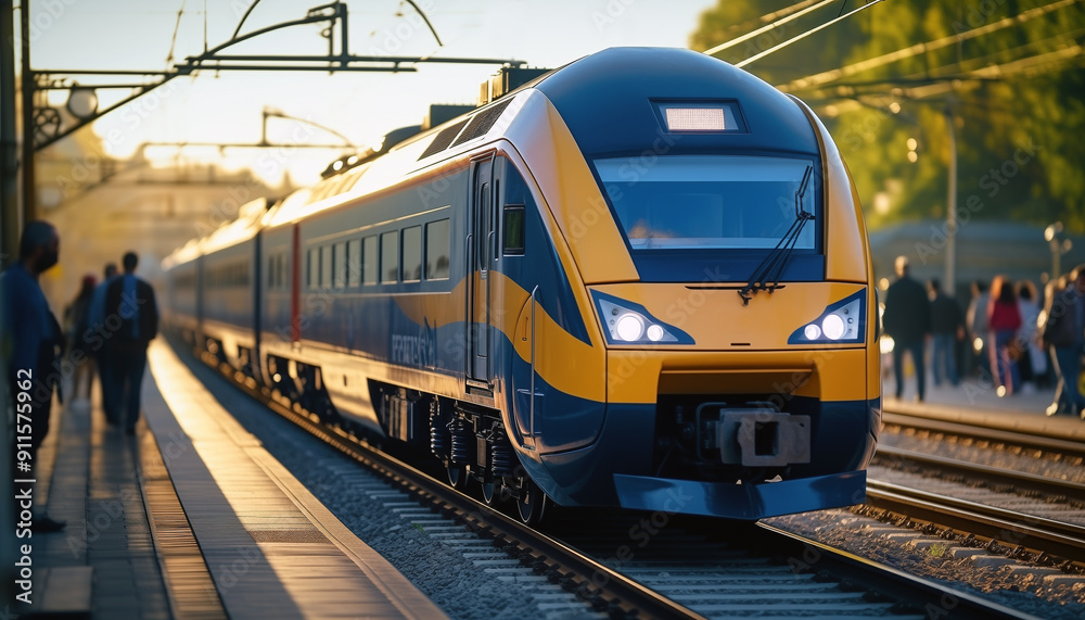 Naklejka premium A yellow and blue painted train in train station with its headlights on. People are standing on the platform, some with backpacks and handbags. Aspect ratio 16:9