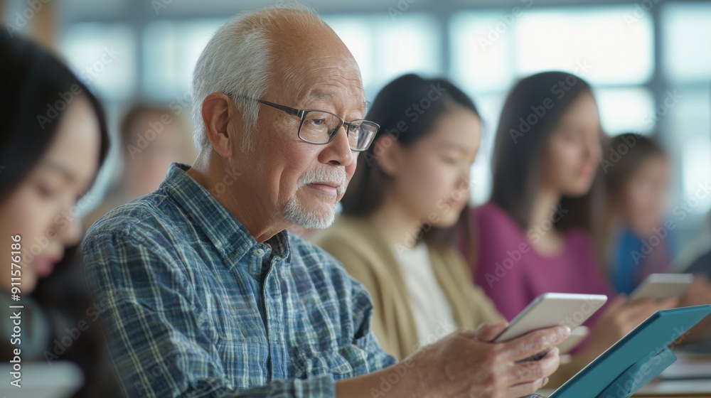 An adult education class with middle-aged and senior students focused on their tablets, a patient instructor guiding them through a technology lesson, bright and airy classroom, expressions of An adult education class with middle-aged and senior students focused on their tablets, a patient instructor guiding them through a technology lesson, bright and airy classroom, expressions of