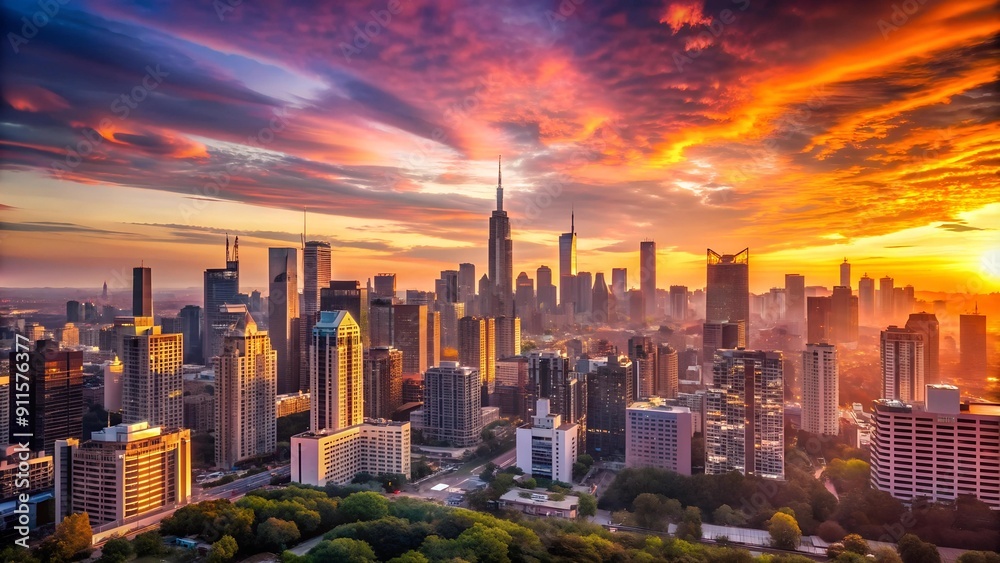 Obraz premium Golden Hues Over Concrete Jungle AI Generated