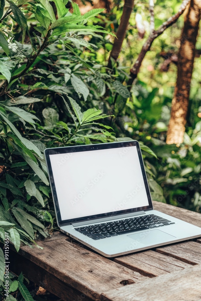 Laptop on wooden table outdoors amidst greenery. Laptop on wooden table outdoors amidst greenery.
