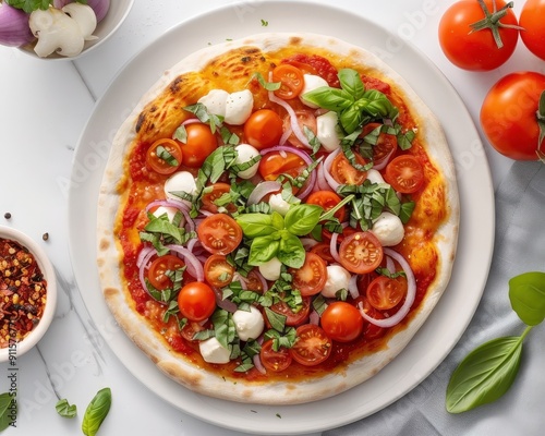 Delicious homemade pizza with fresh tomatoes, mozzarella, onion, and basil on a white plate, perfect for an Italian meal experience. photo