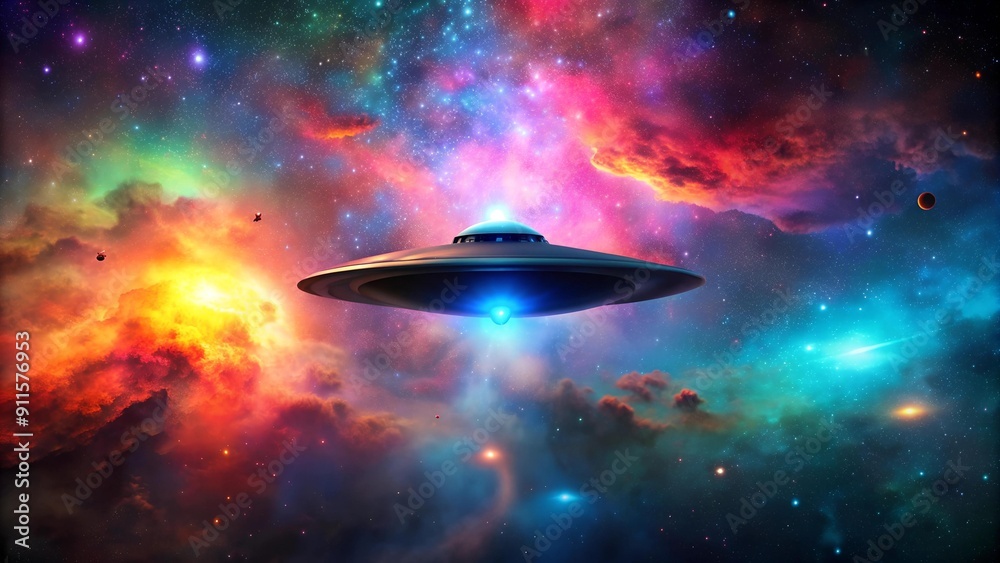 An Alien Spaceship, a Silhouette Against the Vibrant Colors of a Nebula generative AI An Alien Spaceship, a Silhouette Against the Vibrant Colors of a Nebula generative AI