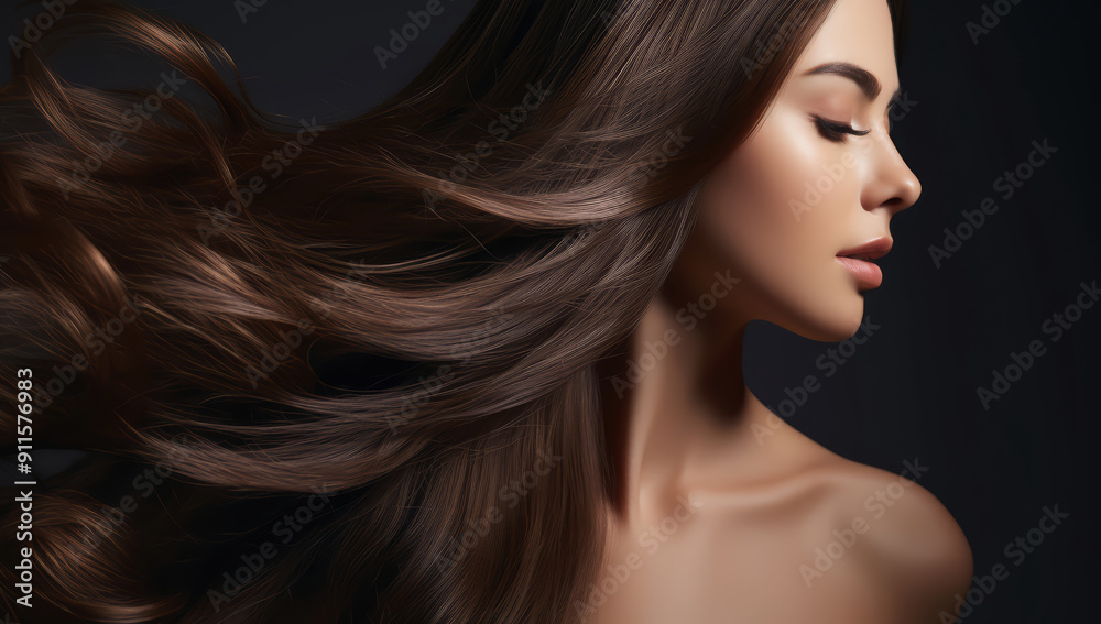 Beautiful woman with long brown hair flowing in the wind. Hair care concept Beautiful woman with long brown hair flowing in the wind. Hair care concept