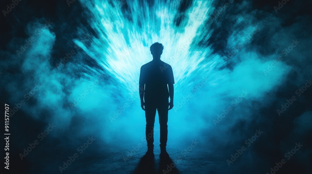 Silhouetted figure standing vibrant blue light burst Silhouetted figure standing vibrant blue light burst