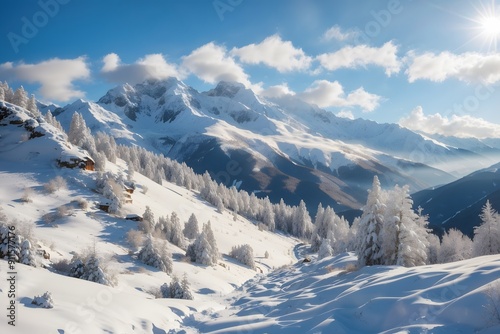 View of a snowy mountain landscape in the sunlight, Damuls Vorarlberg Austria 