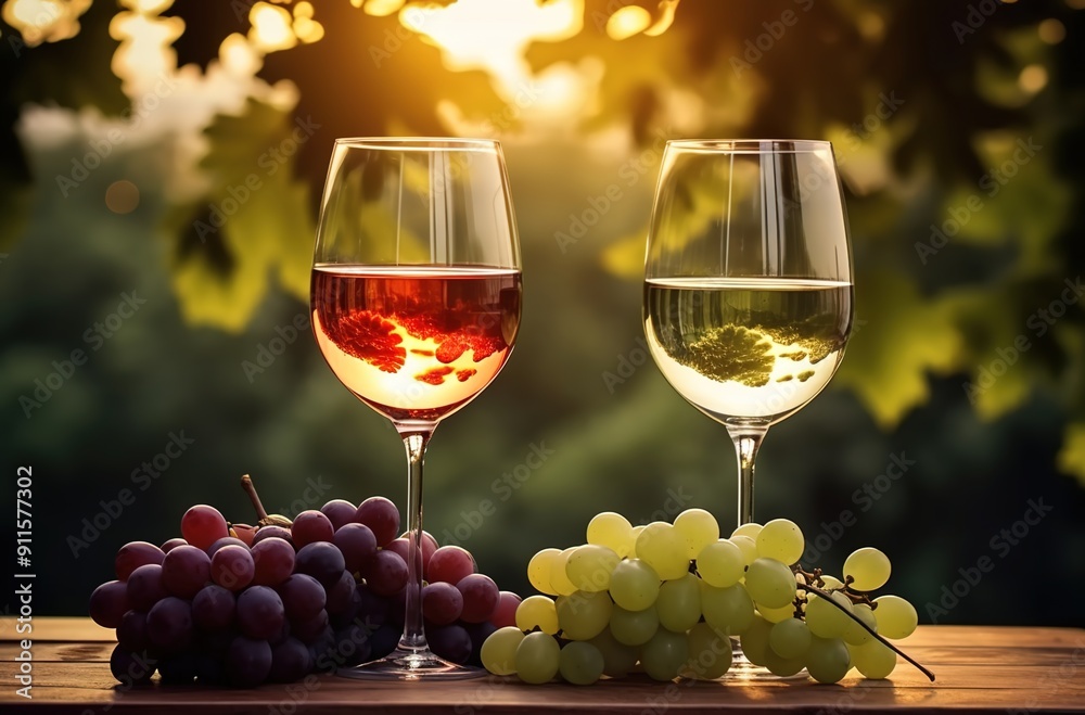 custom made wallpaper toronto digitalA photo of two glasses filled with red and white wine, standing on an old wooden table in front of a garden background. 