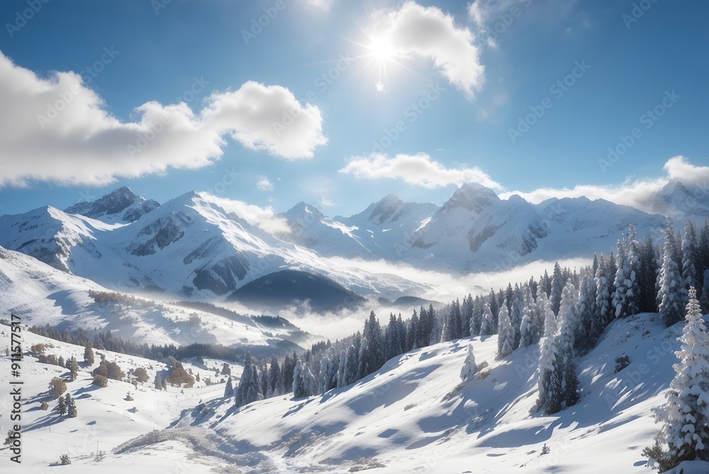View of a snowy mountain landscape in the sunlight, Damuls Vorarlberg Austria
View of a snowy mountain landscape in the sunlight, Damuls Vorarlberg Austria