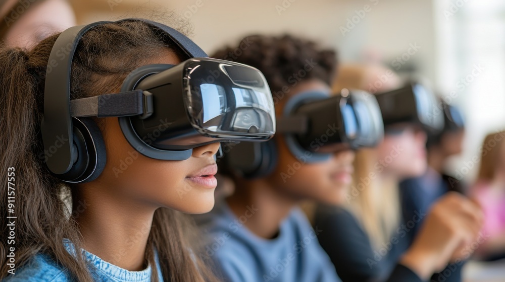 A group of diverse students wearing VR headsets in a modern classroom, exploring virtual worlds and engaging with cutting-edge technology, while their teacher supervises and assists, highlighting the A group of diverse students wearing VR headsets in a modern classroom, exploring virtual worlds and engaging with cutting-edge technology, while their teacher supervises and assists, highlighting the