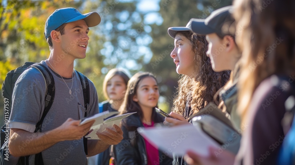 A lively scene of classmates on a field trip to a historical site, with students attentively listening to a guide, taking notes, and interacting with exhibits, capturing the excitement and A lively scene of classmates on a field trip to a historical site, with students attentively listening to a guide, taking notes, and interacting with exhibits, capturing the excitement and
