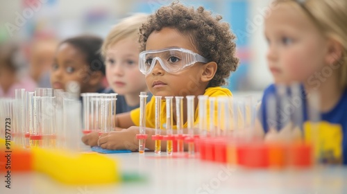 A bright and airy classroom filled with elementary students engaged in a hands-on science experiment, with test tubes, beakers, and safety goggles, under the guidance of an enthusiastic teacher,