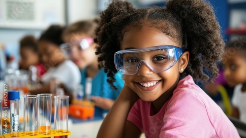 A bright and airy classroom filled with elementary students engaged in a hands-on science experiment, with test tubes, beakers, and safety goggles, under the guidance of an enthusiastic teacher,