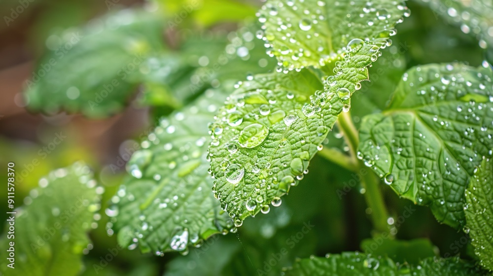 Freshly Rain-Drenched Green Leaves Glimmering in Morning Sunlight in a Lush Garden Freshly Rain-Drenched Green Leaves Glimmering in Morning Sunlight in a Lush Garden