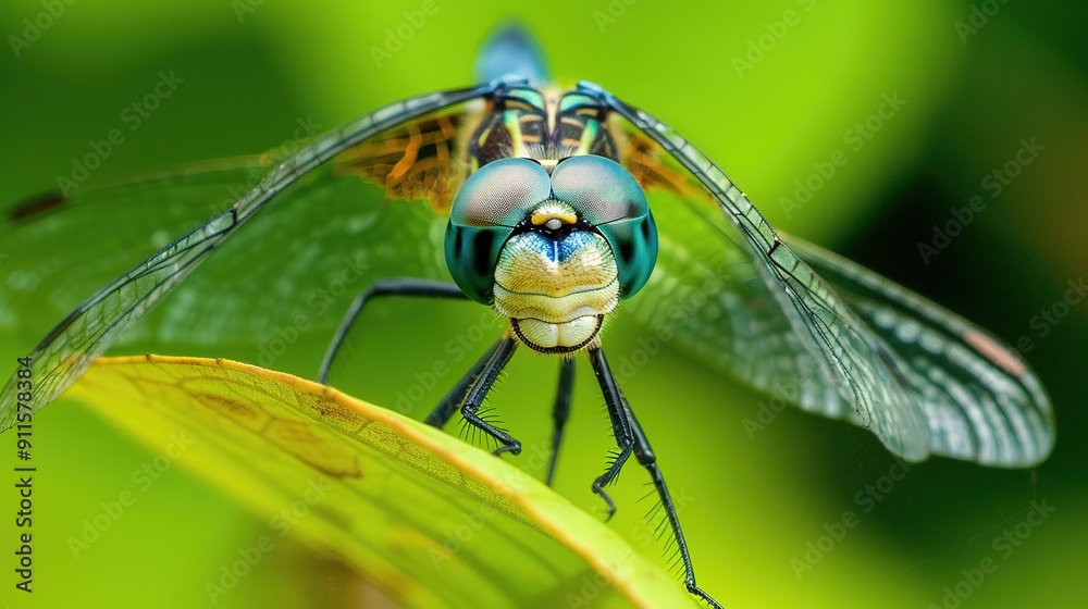 Close-Up of a Vibrant Dragonfly Resting on a Leaf in a Lush Green Environment Close-Up of a Vibrant Dragonfly Resting on a Leaf in a Lush Green Environment
