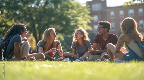 A group of first-year college students engaging in ice-breaker activities on a grassy campus lawn, laughing and getting to know each other, a mix of backgrounds and personalities, the warm sun