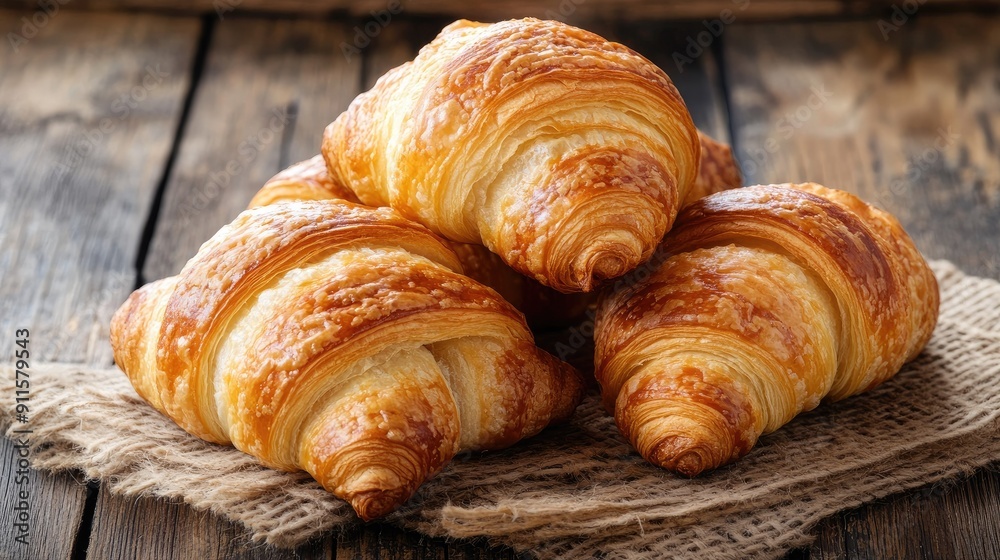 Croissants stacked on a rustic wooden table Croissants stacked on a rustic wooden table