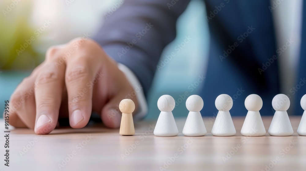 A businessman in a suit chooses a unique wooden figure from a row of identical ones, symbolizing leadership.