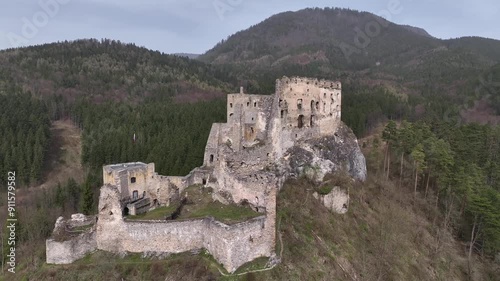 Aerial view of Likava Castle in the village of Likavka in Slovakia photo