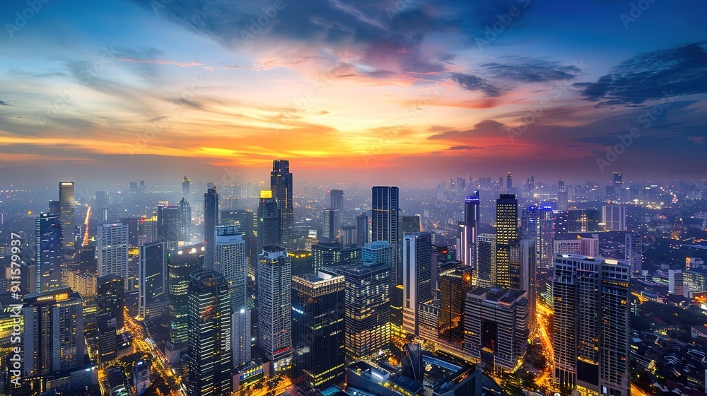 Fototapeta premium Stunning City Skyline View at Sunset Over Downtown Area in Urban Landscape