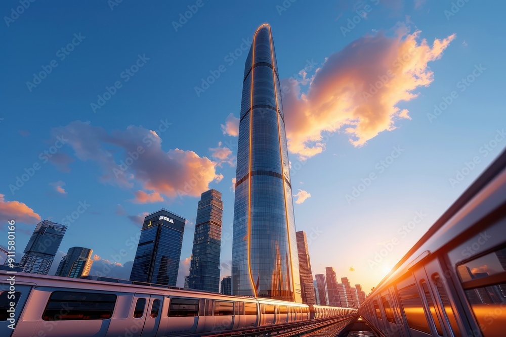Stunning cityscape at sunset with a modern skyscraper and train in view, showcasing urban architecture and vibrant colors. Stunning cityscape at sunset with a modern skyscraper and train in view, showcasing urban architecture and vibrant colors.