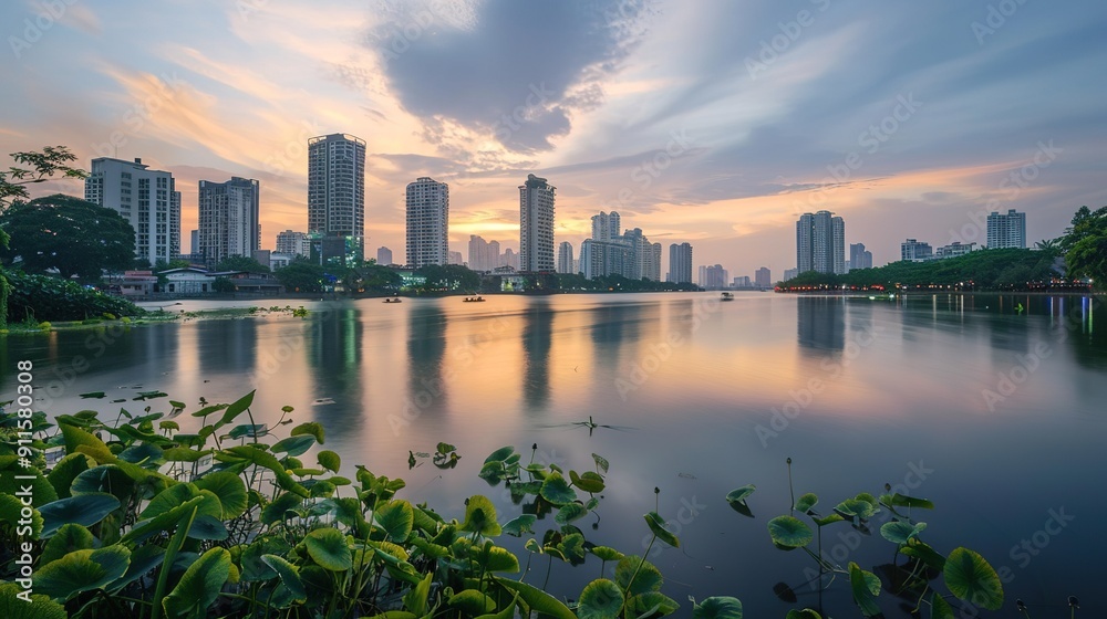 Fototapeta premium Stunning Sunset Over Urban Skyline Reflected in Tranquil Lake Surrounded by Lush Greenery
