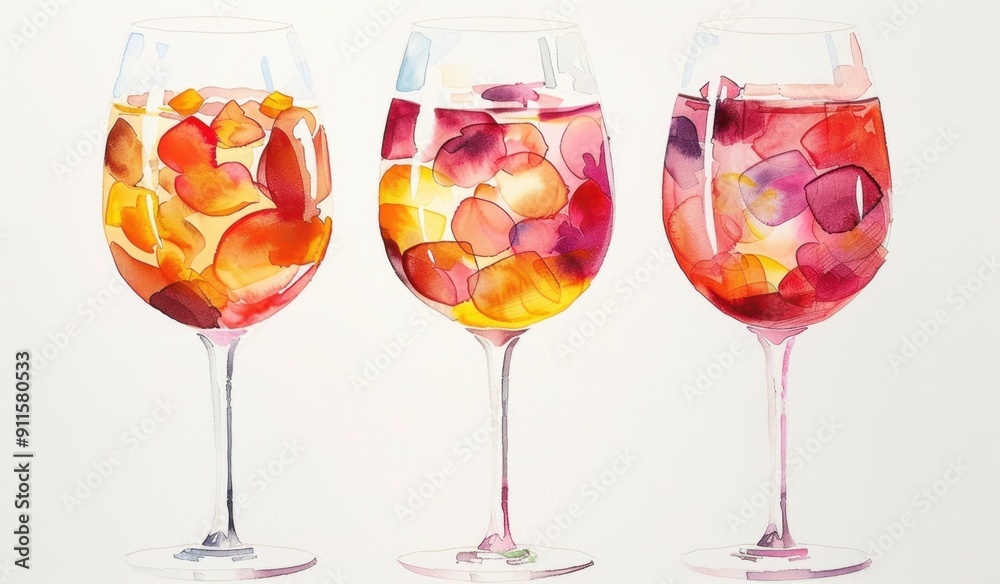 A watercolor illustration of three wine glasses, each filled with different colors and shapes of reds, pinks, oranges, yellows Generative AI A watercolor illustration of three wine glasses, each filled with different colors and shapes of reds, pinks, oranges, yellows Generative AI