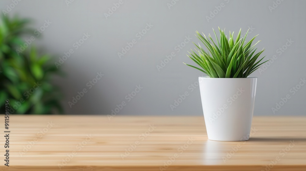 Fototapeta premium A vibrant green plant in a white pot on a wooden table, enhancing a cozy and inviting indoor ambiance.