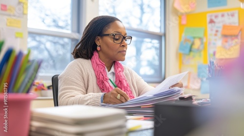 A close-up image of a teacher sitting at a desk in a quiet classroom, grading papers and preparing for the next day's lessons, with the classroom neatly organized, colorful decorations on the walls,