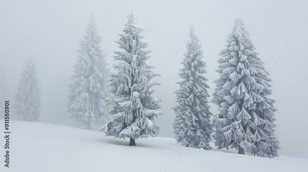 Snow-Covered Evergreen Trees Stand Tall Amidst Dense Winter Fog in Serene Landscape Snow-Covered Evergreen Trees Stand Tall Amidst Dense Winter Fog in Serene Landscape