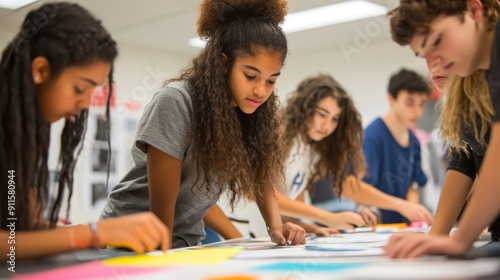 A detailed and immersive image of a group of high school students working together on a social impact project, where they are creating awareness posters and digital campaigns to address a community