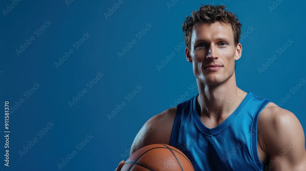 a Caucasian man in a blue sports jersey, looking confident while holding a basketball on a blue studio background a Caucasian man in a blue sports jersey, looking confident while holding a basketball on a blue studio background