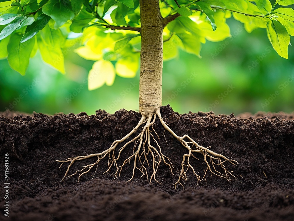Fototapeta premium Agricultural style: Green canopy tree, planted in the soil, roots spreading into the soil 