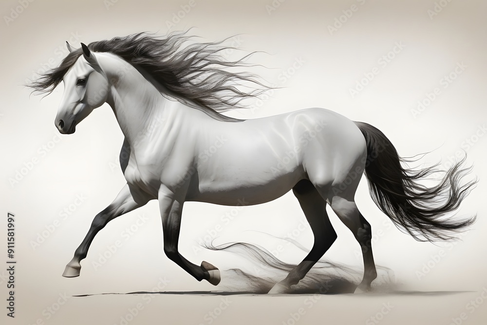 White Horse Galloping with Flowing Mane White Horse Galloping with Flowing Mane