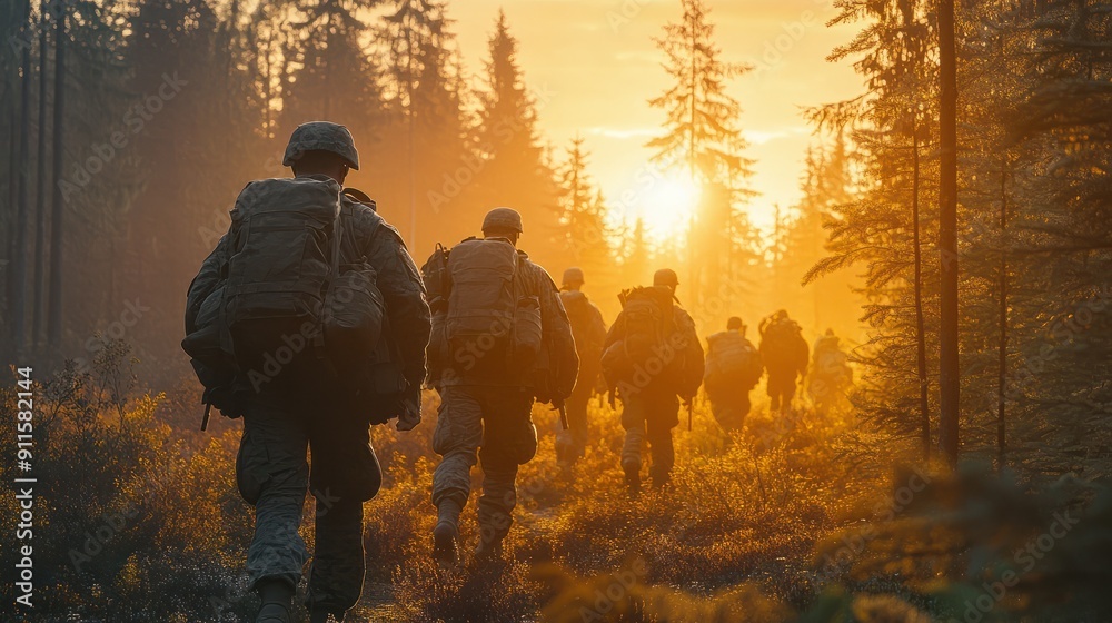 Fototapeta premium A group of soldiers wearing military uniforms and backpacks walking through a forest at sunset, highlighting dedication and teamwork