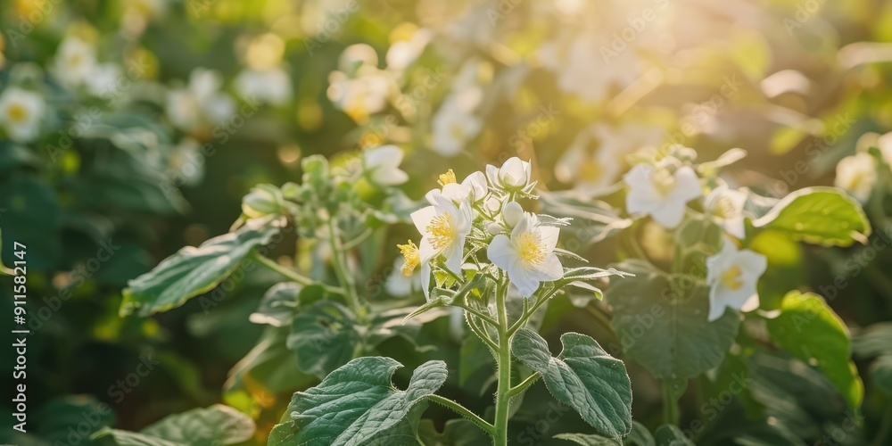 Macro shot of blooming potato flowers in a farm field Bush of potato plants with delicate white flowers in full bloom Agricultural scene of flourishing potato plants Macro shot of blooming potato flowers in a farm field Bush of potato plants with delicate white flowers in full bloom Agricultural scene of flourishing potato plants