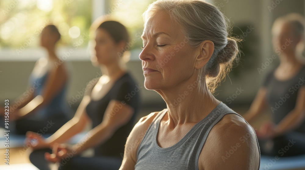 A detailed and focused image of a yoga class with a group of middle-aged adults, each one focused on their poses as the instructor guides them through the session, the room filled with natural light A detailed and focused image of a yoga class with a group of middle-aged adults, each one focused on their poses as the instructor guides them through the session, the room filled with natural light