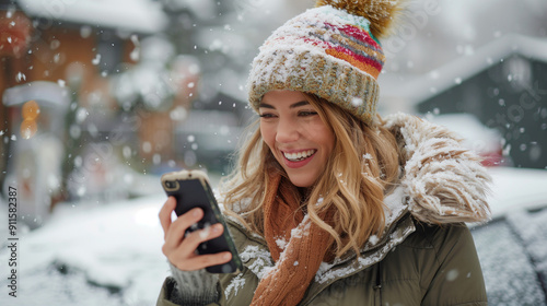 woman with mobile phone in the snow