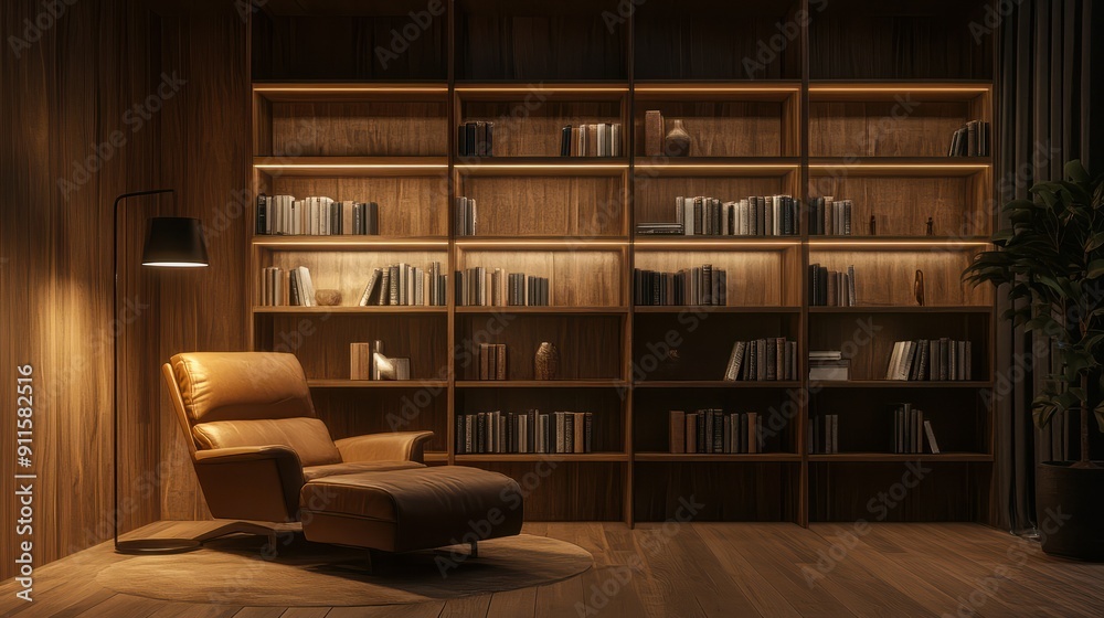 A modern reading room with wooden shelves, a recliner, and a large floor lamp. Generative AI. A modern reading room with wooden shelves, a recliner, and a large floor lamp. Generative AI.